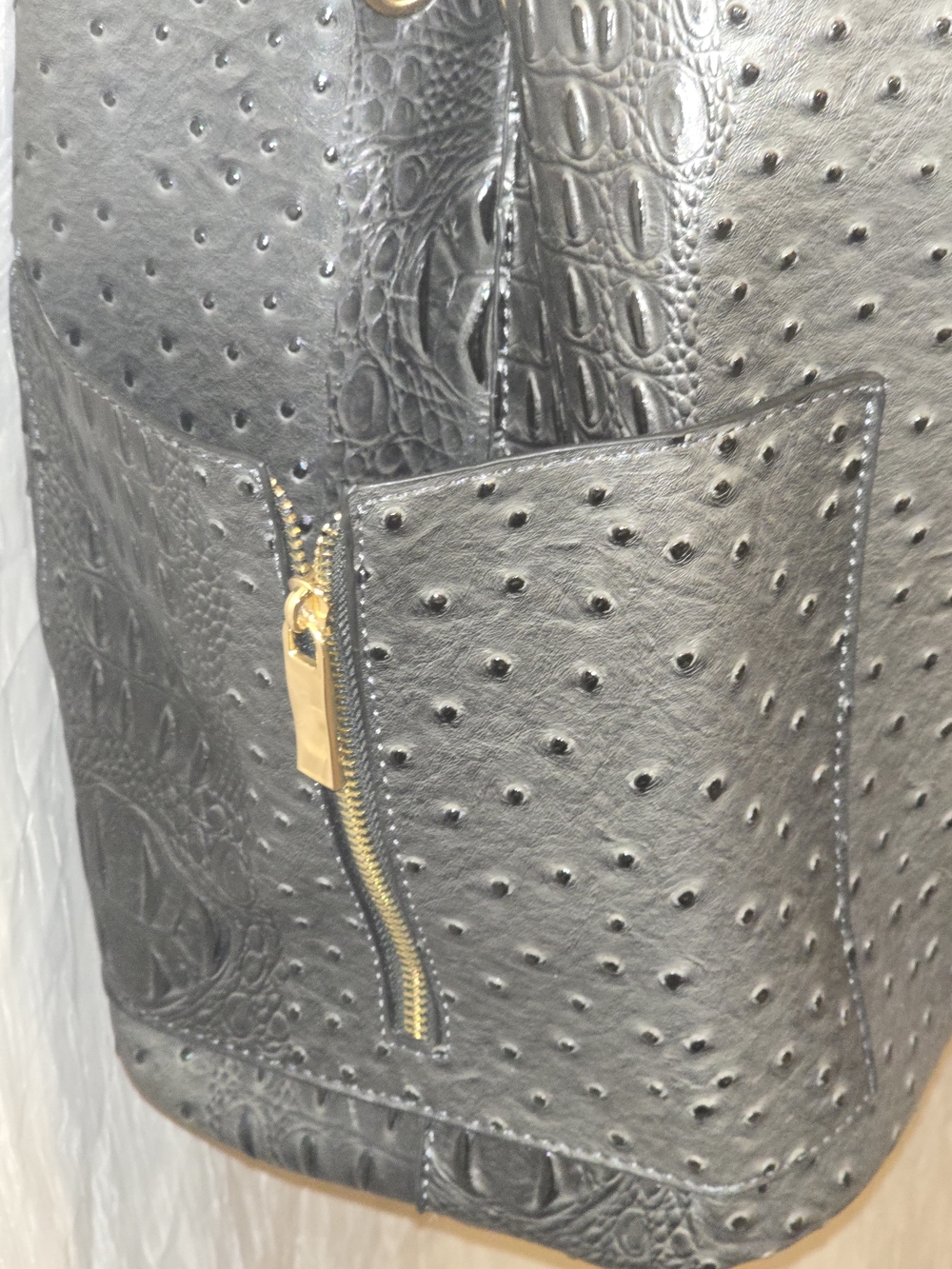 Faux Ostrich Tote Gray with Gold Zip Accent